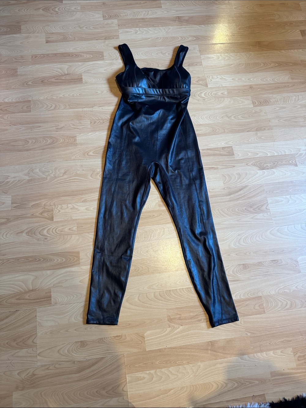 Fabletics Black Faux-Leather Jumpsuit with Wide Straps
